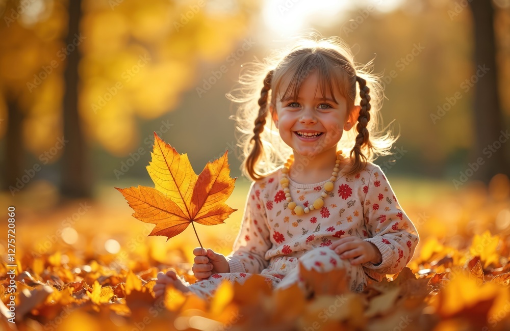 Smiling little girl sits in autumnal maple leaves enjoying warm sunny fall day. Kid holds yellow leaf in hand, plays outdoors in park. Happy childhood concept. Smiling little girl sits in autumnal maple leaves enjoying warm sunny fall day. Kid holds yellow leaf in hand, plays outdoors in park. Happy childhood concept.