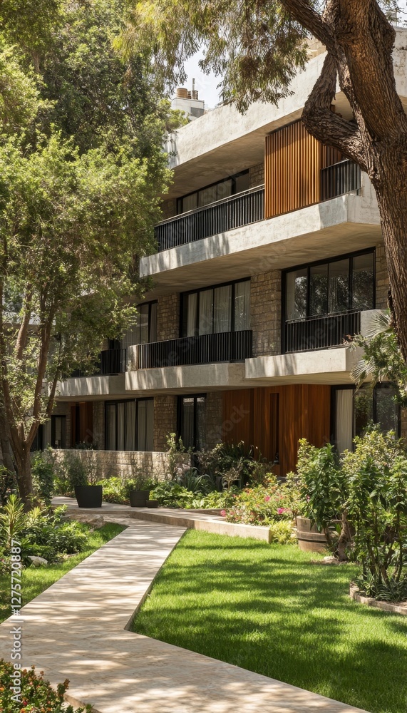 Fototapeta premium Modern Residential Building with Balconies Amidst Lush Greenery, Architecture, Nature Harmony