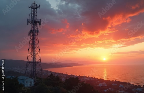 Wallpaper Mural Cell tower at fiery sunset sea coast, small town. Telecom signal antenna, wireless mobile network infrastructure remote island rural landscape. Colorful picturesque sky. Torontodigital.ca