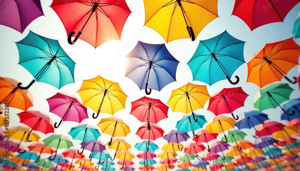 Fototapeta premium Brilliantly hued umbrellas unfurl, float in mid-air. Vibrant saturated colors pop against crisp white backdrop. Portable vivid art objects for fun festive mood.