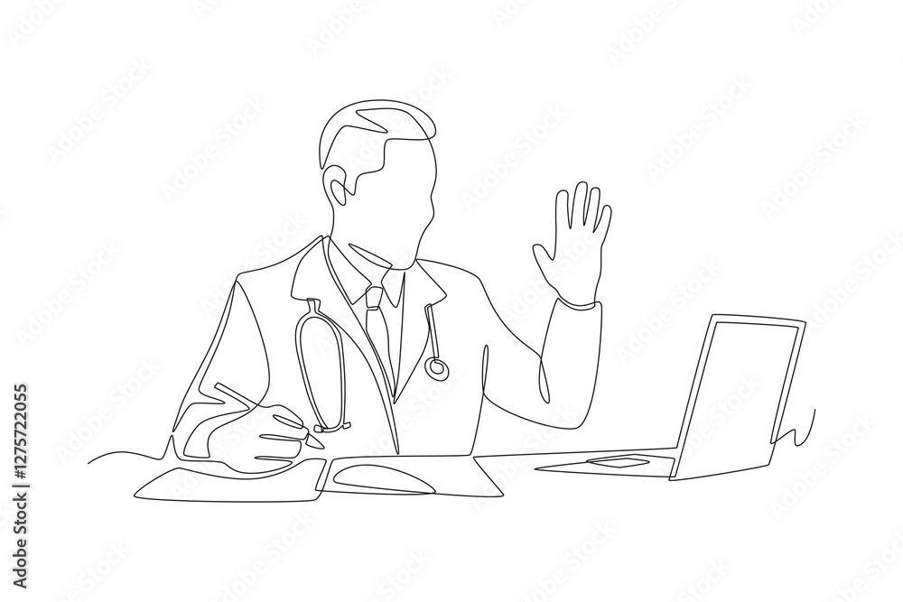 Doctor is consulting with patient via video call. Virtual consultation with doctors over video call concept one-line drawing Doctor is consulting with patient via video call. Virtual consultation with doctors over video call concept one-line drawing