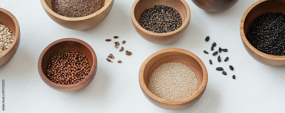Minimalist flat lay of wooden bowls filled with various seeds and grains, showcasing natural textures and colors. Perfect for culinary or health related themes Minimalist flat lay of wooden bowls filled with various seeds and grains, showcasing natural textures and colors. Perfect for culinary or health related themes