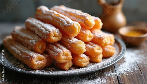 Pile of churros dusted with sugar lies on metal tray with bowl of honey. Fried spanish dessert snack food with cinnamon, sweet topping, glaze. Appetising gold traditional cuisine.