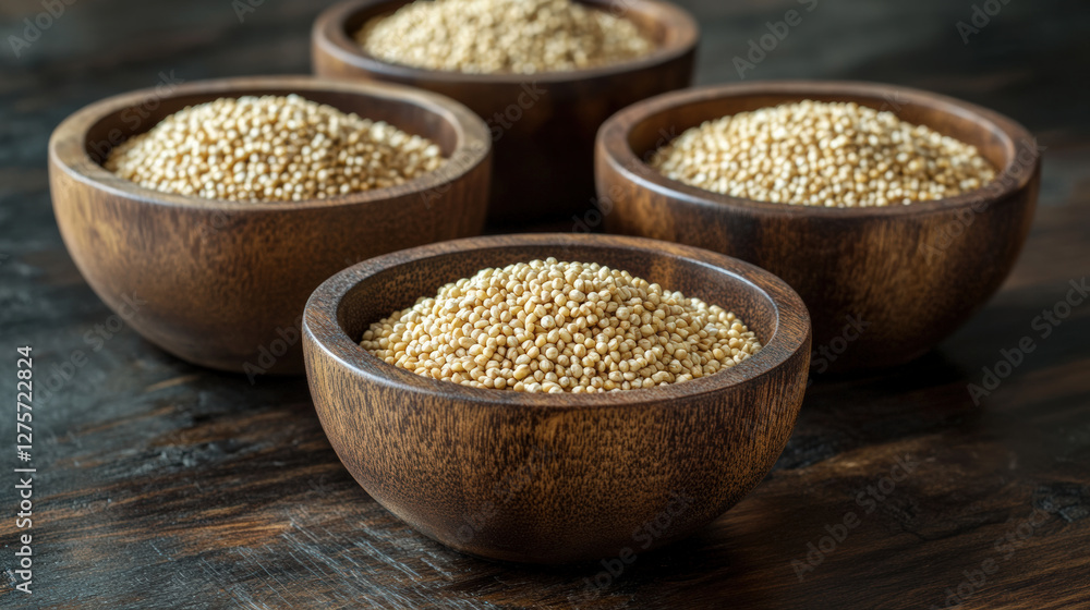 Amaranth seeds in wooden bowls create rustic and natural display, perfect for healthy cooking or decoration. warm tones of bowls enhance organic feel Amaranth seeds in wooden bowls create rustic and natural display, perfect for healthy cooking or decoration. warm tones of bowls enhance organic feel