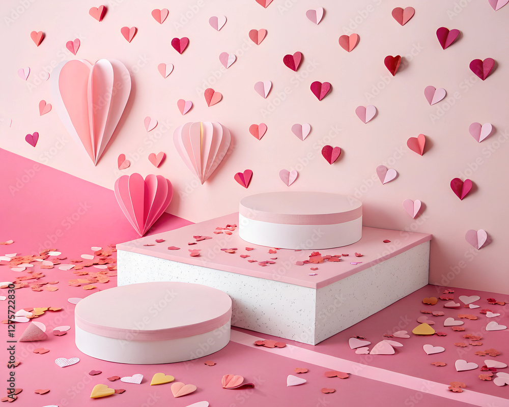 A vibrant display of pink and red paper hearts decorates a minimalistic scene
A vibrant display of pink and red paper hearts decorates a minimalistic scene