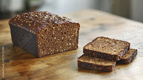 Rustic loaf of keto friendly multigrain bread on wooden table, showcasing its dense texture and rich color. Perfect for healthy eating and low carb diets photo