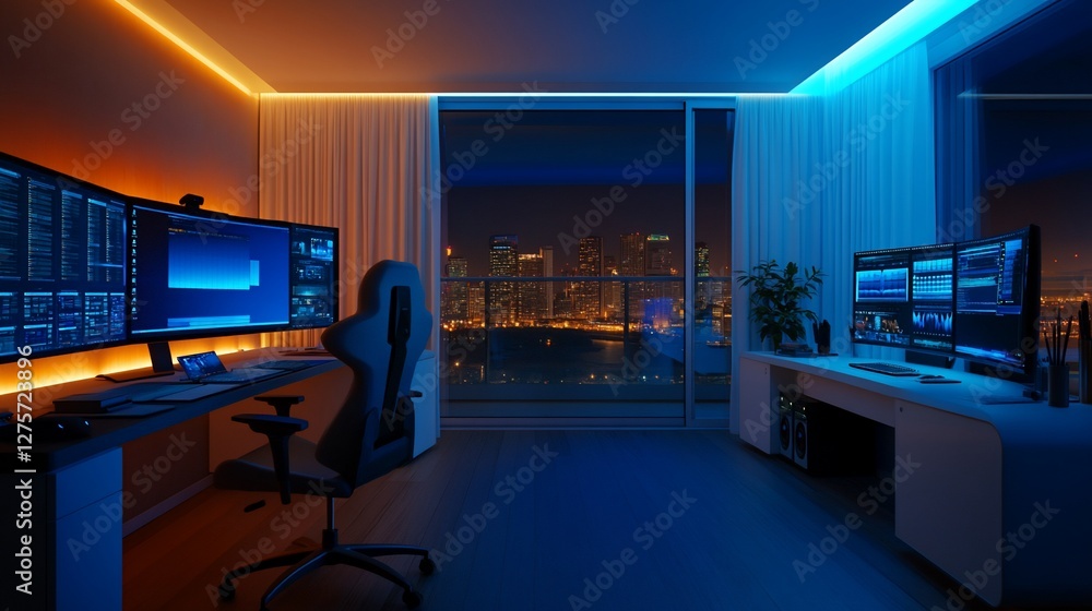 Modern programmer's workspace overlooking the city skyline at night Modern programmer's workspace overlooking the city skyline at night