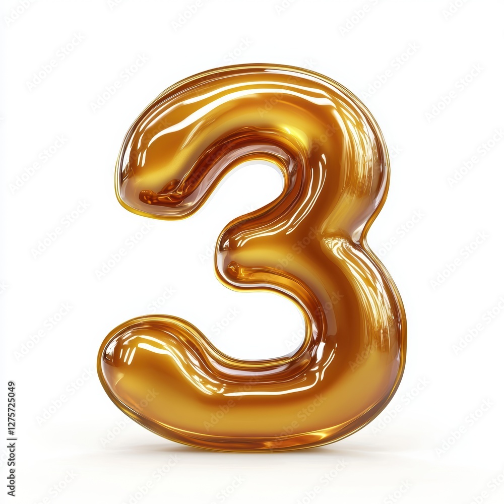 Number 3 made of thick golden caramel with glossy reflections isolated on a clean white background Number 3 made of thick golden caramel with glossy reflections isolated on a clean white background