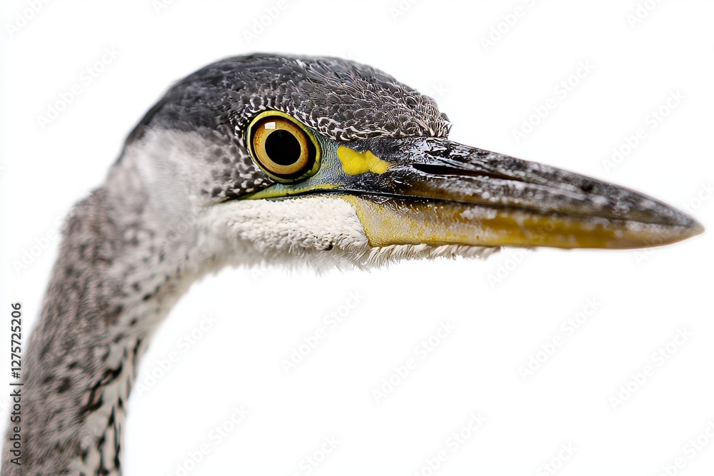 The grey heron, also known as the gray heron, is depicted in a close-up portrait set against a white background, with its scientific name being Ardea cinerea The grey heron, also known as the gray heron, is depicted in a close-up portrait set against a white background, with its scientific name being Ardea cinerea