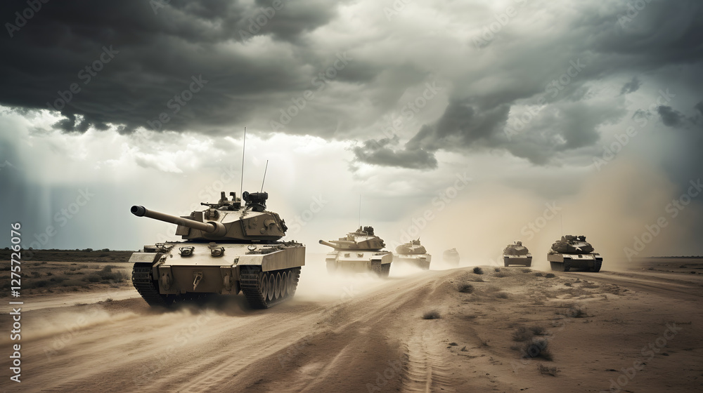 Military vehicles advancing, armored tanks in rough terrain under dramatic skies, highlighting strength and resilience. Military vehicles advancing, armored tanks in rough terrain under dramatic skies, highlighting strength and resilience.