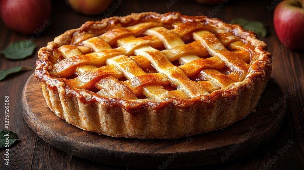 Delicious homemade apple pie with a golden lattice crust set on a wooden table in a cozy kitchen filled with fresh apples Delicious homemade apple pie with a golden lattice crust set on a wooden table in a cozy kitchen filled with fresh apples
