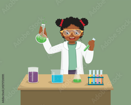 little African girl scientist with safety goggles holding chemical liquid in flasks doing science project chemistry experiment in the laboratory