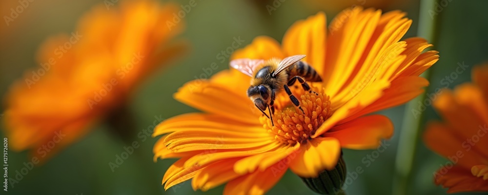 Macro close-up of bee collecting nectar from vibrant orange flower. Honeybee pollinates plant. Summer nature unfolds with bright colors, sunlight. Bees provide key role in agricultural food Macro close-up of bee collecting nectar from vibrant orange flower. Honeybee pollinates plant. Summer nature unfolds with bright colors, sunlight. Bees provide key role in agricultural food