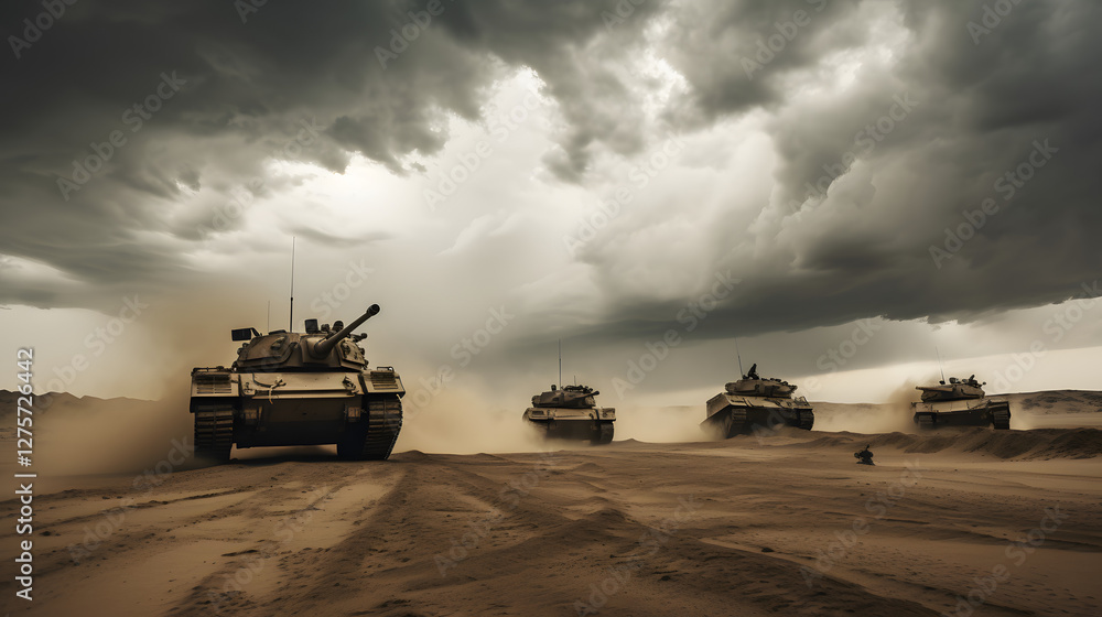 Armored vehicles navigating dusty terrain, military convoy advancing under dramatic skies, conveys strength and resilience. Armored vehicles navigating dusty terrain, military convoy advancing under dramatic skies, conveys strength and resilience.