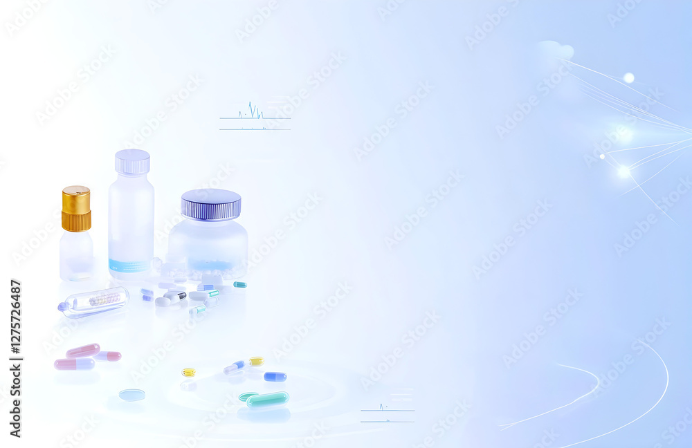 Minimalistic composition of pharmaceutical bottles and scattered capsules on a futuristic light blue background, symbolizing modern medicine and healthcare. Copy space Minimalistic composition of pharmaceutical bottles and scattered capsules on a futuristic light blue background, symbolizing modern medicine and healthcare. Copy space