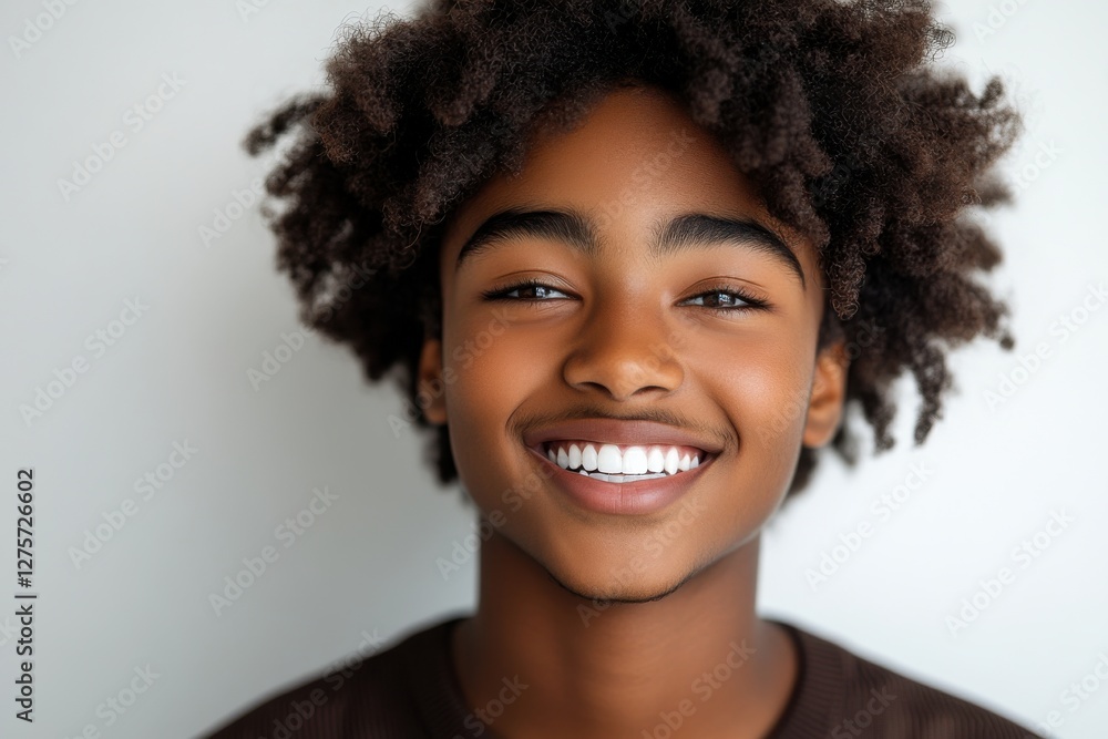 Young boy with curly hair smiles brightly against a neutral background, showcasing genuine happiness and joy Young boy with curly hair smiles brightly against a neutral background, showcasing genuine happiness and joy