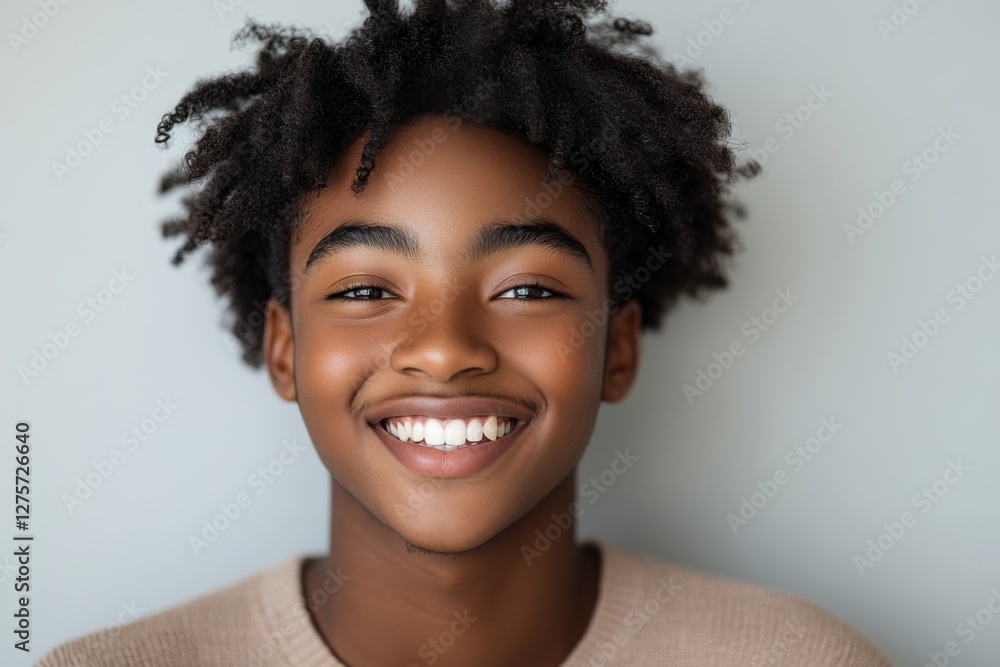 Young boy with curly hair smiling brightly against a neutral background, showcasing joy and positivity during a photo session Young boy with curly hair smiling brightly against a neutral background, showcasing joy and positivity during a photo session