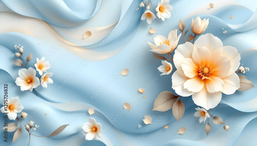 Obraz premium A dreamy floral composition with blue and golden flowers arranged in a swirling wave-like pattern, enhanced by soft lighting, subtle sparkles, and flowing ribbon-like elements.