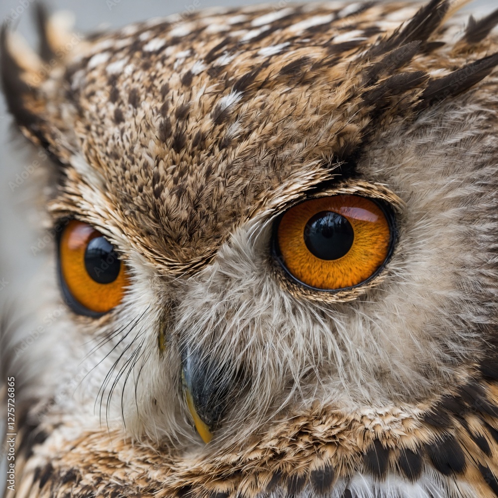 Fototapeta premium A stunning zoomed-in shot of an owl’s face, showing every tiny feather detail against white.