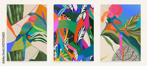 Artistic hand drawn exotic botanical posters with parrots. Unique template for your design.