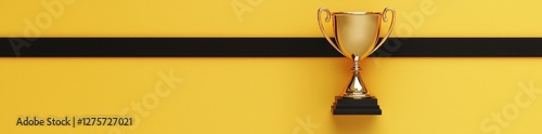 The concept of winning and success is embodied by a champion gold trophy cup on a bright yellow background, signifying first place in a competition with a simple flat lay design