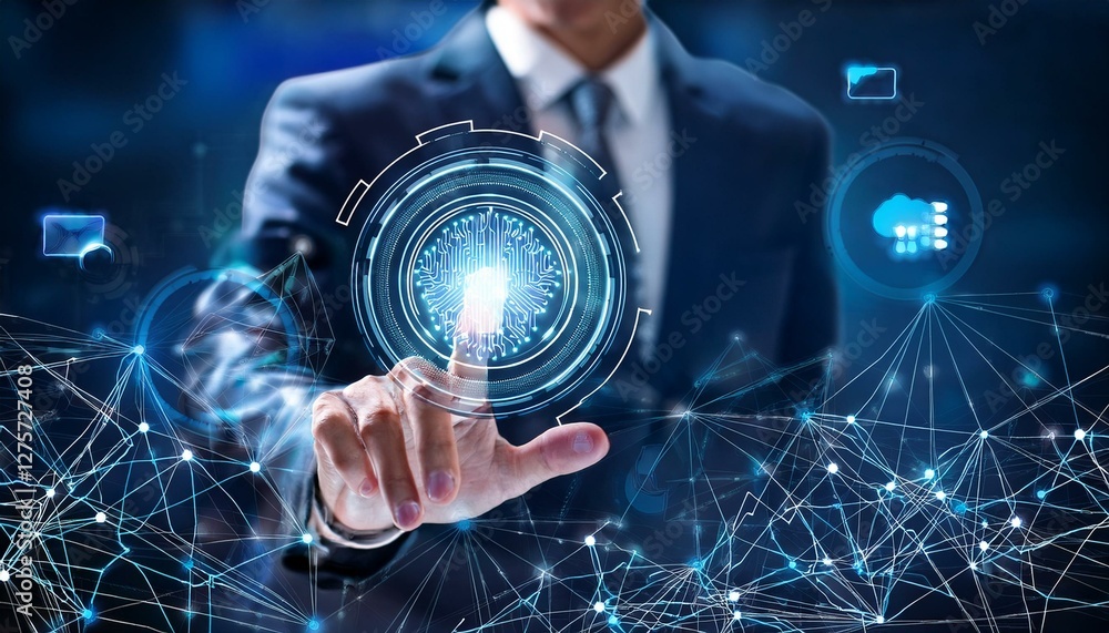Fototapeta premium AI business and generative artificial intelligence. Data analysis and robotic processes automation. Businessman touching AI icon on application network 
