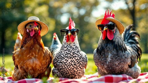 Fashionable Fowl Friends: A delightful scene featuring chickens sporting sunglasses and hats, posing on a picnic blanket in a sunny outdoor setting.