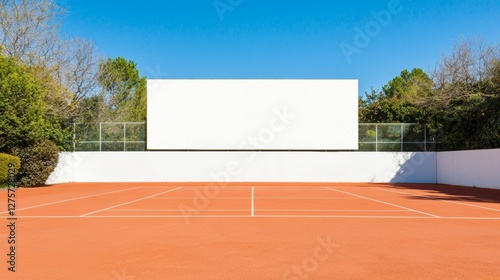 At a sports playground, a mockup is displayed on a white advertising banner that is empty and fixed to an iron fence