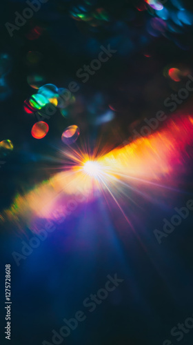 Prismatic light leaks create vibrant rainbow bokeh effects
