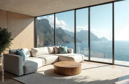 Bright modern living room interior with cozy sofa. Big windows offer breathtaking sea, mountain view. Minimalist furniture, round coffee table, houseplant add to lounge atmosphere.