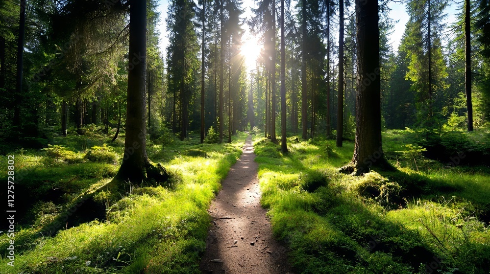 Obraz premium In Leuven, Belgium, a picturesque walkway winds through a vibrant green spring beech forest, creating a breathtaking natural tunnel that embodies the essence of atmospheric landscapes, eco tourism,