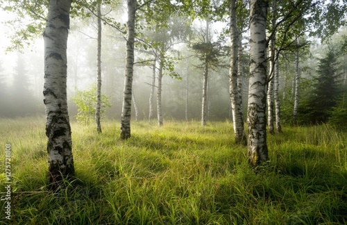The mixed coniferous forest displays a picturesque scenery at sunrise, complete with fog, haze, and sunbeams, and features close-up views of pine, fir, oak, and birch trees