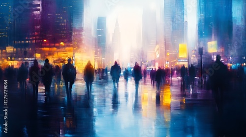 Wallpaper Mural Abstract Cityscape with Blurred Silhouettes of People Walking in a Vibrant Urban Night Scene

 Torontodigital.ca