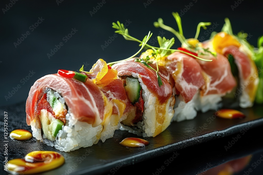 Exquisite Sushi Roll: A meticulously crafted sushi roll, showcasing fresh ingredients, vibrant colors, and artistic presentation, enticing the senses and promising a delightful culinary experience. Exquisite Sushi Roll: A meticulously crafted sushi roll, showcasing fresh ingredients, vibrant colors, and artistic presentation, enticing the senses and promising a delightful culinary experience.