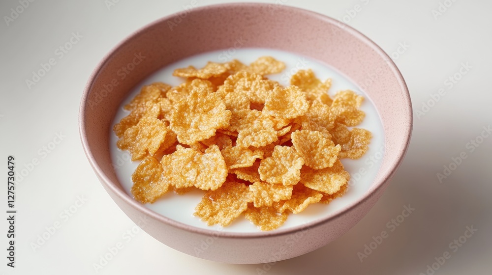 Bowl of crispy corn flakes served with milk in a simple pink bowl for a healthy breakfast Bowl of crispy corn flakes served with milk in a simple pink bowl for a healthy breakfast
