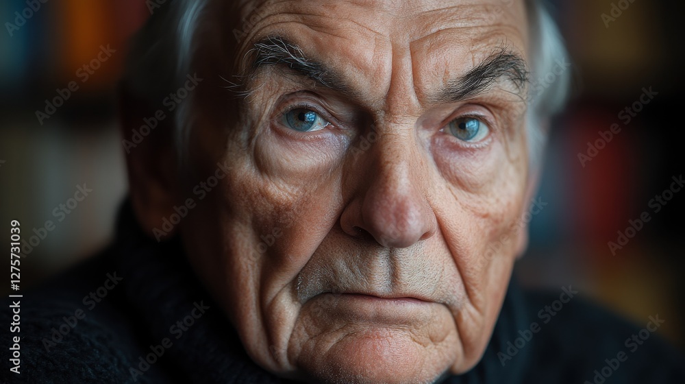 Elderly man with deep blue eyes reflects wisdom and experience, captured in a close-up portrait against a blurred background in a cozy library setting Elderly man with deep blue eyes reflects wisdom and experience, captured in a close-up portrait against a blurred background in a cozy library setting