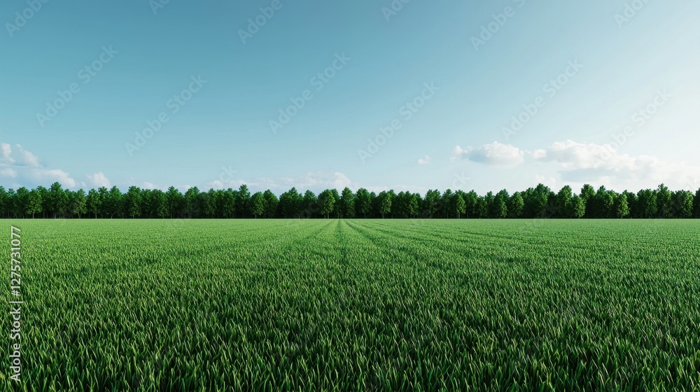 Lush Green Field with Clear Blue Sky and Tree Line in Background Lush Green Field with Clear Blue Sky and Tree Line in Background
