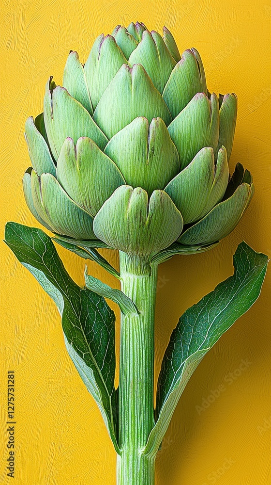 Obraz premium Fresh artichoke displayed against a bright yellow background highlighting its vibrant color and texture during daylight