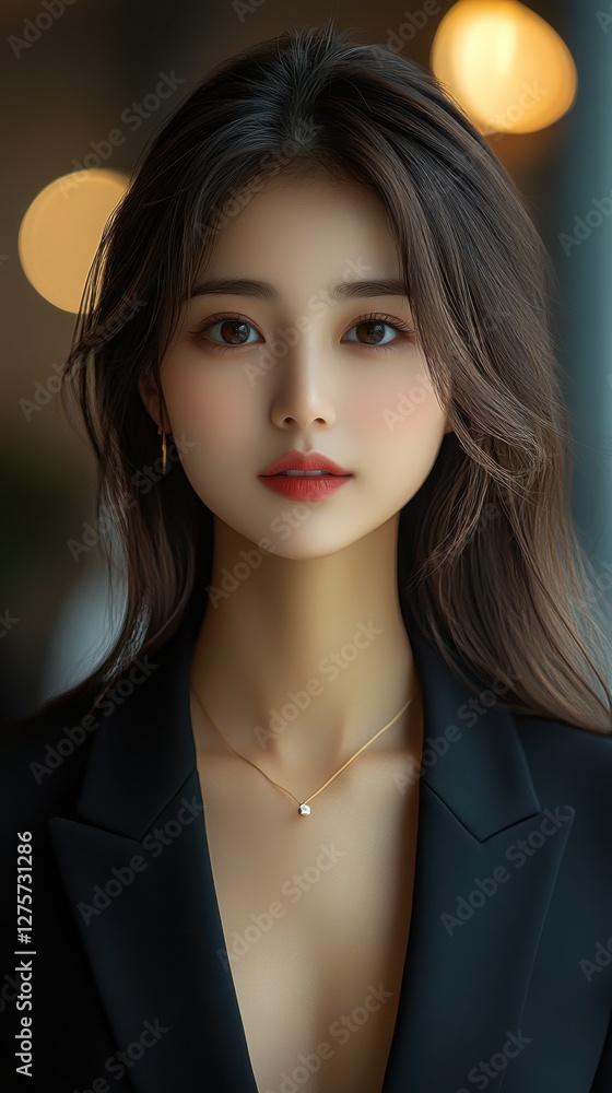 Elegant woman in a stylish black blazer poses with a refined expression, showcasing natural beauty in a softly lit setting Elegant woman in a stylish black blazer poses with a refined expression, showcasing natural beauty in a softly lit setting