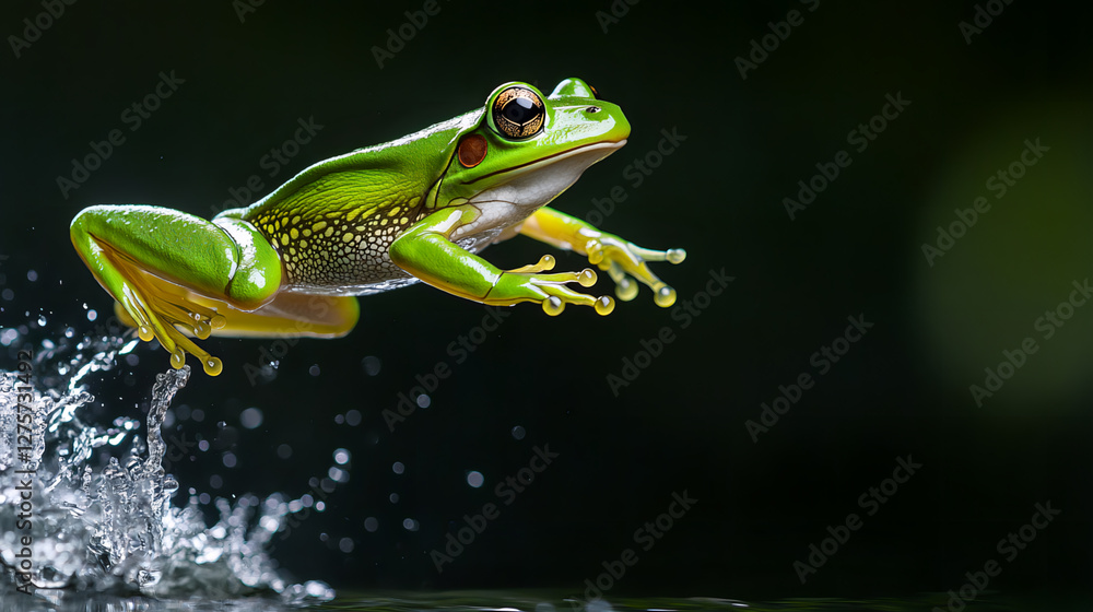 Photo a vibrant green frog elegantly leaps through the air, splashing into the water, showcasing its agility and beauty against a striking black background. AI generated images. Photo a vibrant green frog elegantly leaps through the air, splashing into the water, showcasing its agility and beauty against a striking black background. AI generated images.