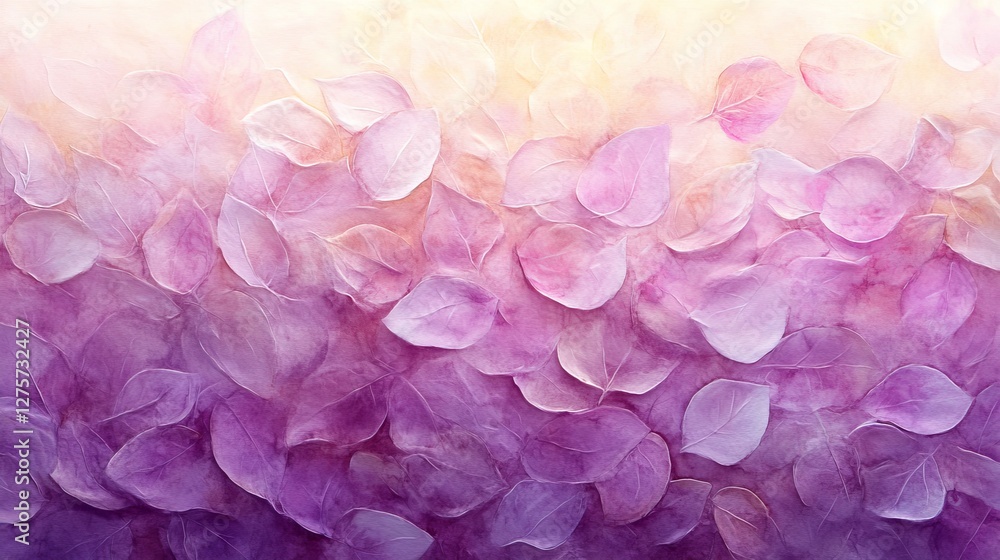 Fototapeta premium Whimsical Pastel Lavender And Gold Watercolor Background, Stylized Herbs And Leaves, Soft Focus