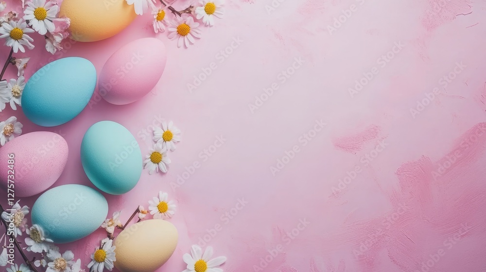 Pastel Easter Eggs and Flowers on a Pink Background Pastel Easter Eggs and Flowers on a Pink Background