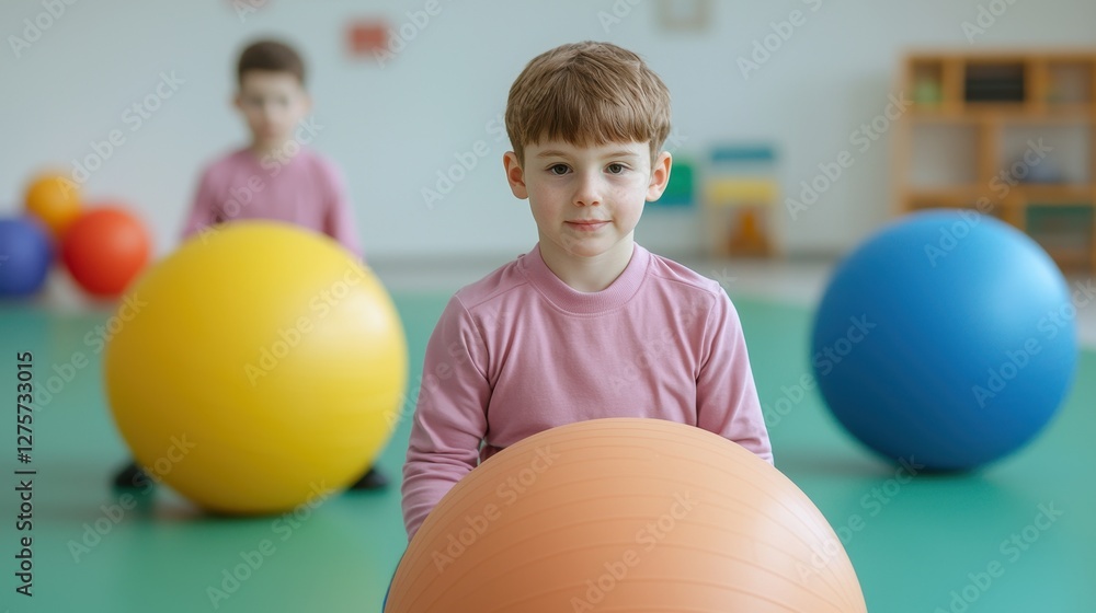 Young Children Playing with Colorful Exercise Balls in Gym Setting Young Children Playing with Colorful Exercise Balls in Gym Setting