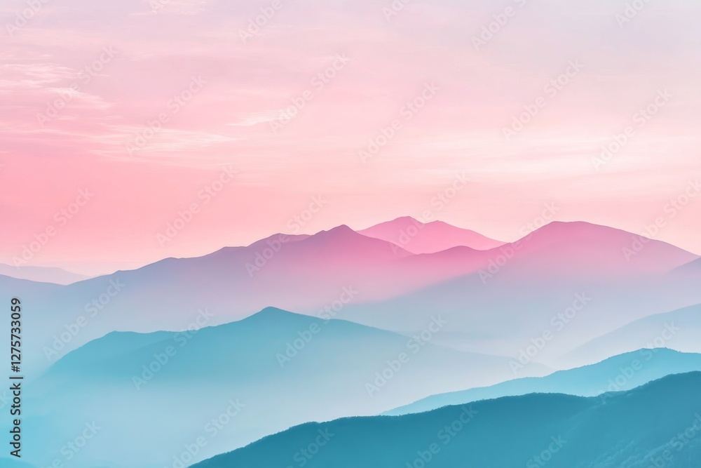 Fototapeta premium Pink sunrise over misty mountain range, serenity, calm, website banner