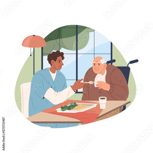 Nurse feeding elderly man at nursing house. Vector aged or old person eating food at convalescent home or community hospital. Retirement care and support. Healthcare worker companion. Welfare facility