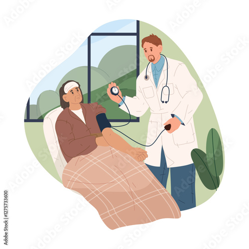 Aged woman getting blood pressure monitor. Vector clinic or hospital healthcare or nursery or convalescent home treatment with cuff. Elderly health aid service or assistance. Elder and old patient.