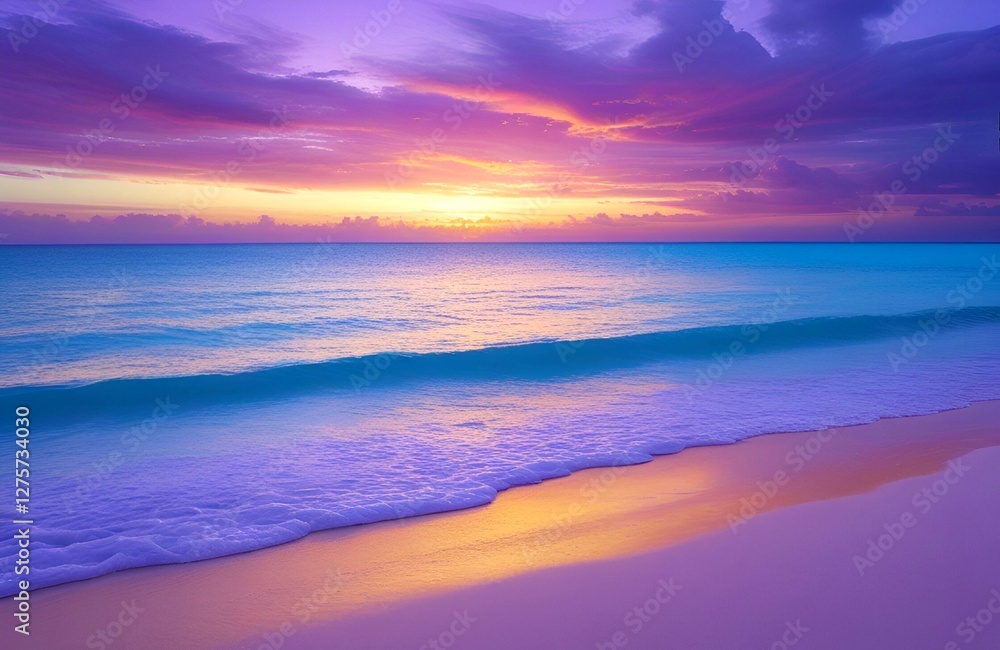 The sky explodes with hues of pink as the sun dips below the horizon, casting a warm glow over the serene beach and ocean. The sky explodes with hues of pink as the sun dips below the horizon, casting a warm glow over the serene beach and ocean.