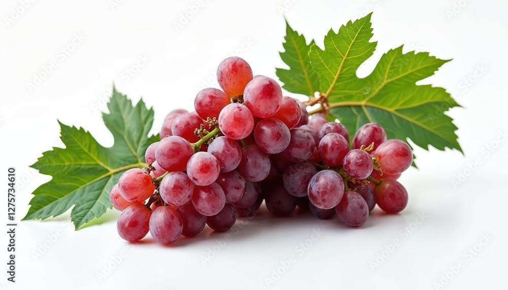 Fototapeta premium Close-up of red grapes with green leaves on white background. Fresh juicy fruit for healthy eating, winery or agriculture business promo. Bunch of grapes.