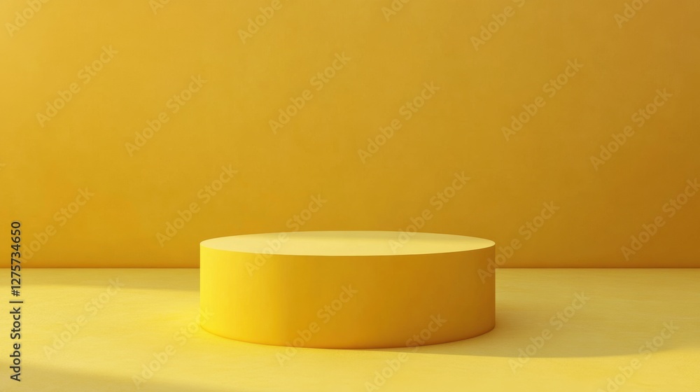 3D - Rendered Visual: An Empty Room's Interior Design with a Vivid - Backgrounded Yellow Pedestal Display and a Product - Ready Blank Stand