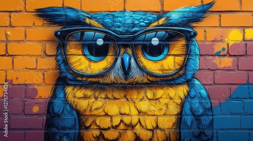 Colorful owl mural with glasses on a brick wall in an urban setting showcasing street art creativity and vibrant colors during daylight photo